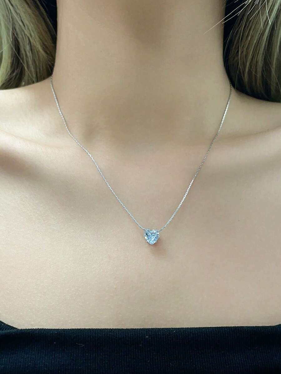 1件时尚简约精致小爱心吊坠项链，百搭锆石爱心吊坠项链，女士必备 - 銀色 - 查看 1