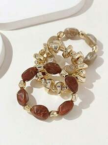 3pcs Vintage Multi-Layer Brown Acrylic Beaded Bracelet, Transformable Gold Chip Bracelet, For Women, Couples, Party, Daily Wear - 多色AA - 查看 8