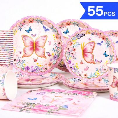 Fairy Tale Butterfly Disposable Plates, Napkins, Cups - One-Time Party Supplies Set, Suitable For 10 Guests, Disposable Paper Plates Party Tableware For Birthday, Wedding, Theme Party, Family Picnic