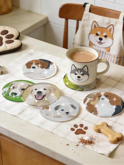 8件套手工钻石画杯垫，DIY工艺品，可爱狗狗图案杯垫（腊肠犬、金毛寻回犬、拉布拉多犬），生日礼物，派对小礼物，宠物爱好者的最佳礼物，母亲节礼物，女士礼物，家居装饰，厨房配件