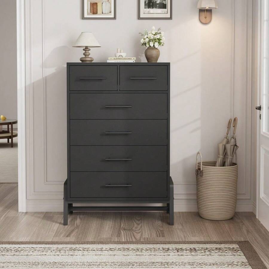 Huisuilinss 5/6 Drawer Dresser,Tall Dresser For Bedroom,Modern Chest Of Drawers,Freestanding Wood Storage Organizer With Deep Drawer For Living Room Entryway Hallway - 黑色六抽屜櫃 - 查看 1
