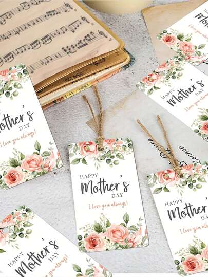 母亲节礼物标签 - “母亲节快乐，我永远爱你”，粉色玫瑰花卉图案，丝带挂饰，适合作为礼物、派对装饰、圣诞树或壁炉装饰 | 花卉礼品标签丝带挂牌，母亲节礼物
