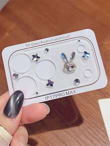 Cute 3D Rabbit Shape Bling Rhinestone Pearl Protective Film Scratch Resistant Transparent Base Lens Camera Protector Compatible With IPhone 17ProMax 17Pro Camera Accessories Durable Protective Layer Camera Lens Cover - Rabbit - View 2