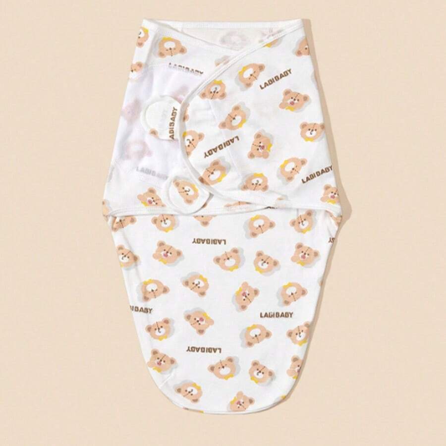 1pc Infant Soft & Cozy Bear Pattern 100% Cotton Anti-Startle Swaddle Blanket, Adjustable Hook And Loop Wrap Suitable For Newborn Daily Use - Multicolor - View 1