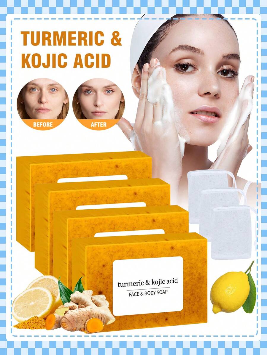 人参酸祛斑皂，含维生素C、视黄醇、胶原蛋白；姜黄酸亮肤皂，含玻尿酸、维生素E、乳木果油、橄榄油、天然有机姜黄；面部及身体清洁皂，深层清洁并保湿，附赠洗脸巾。