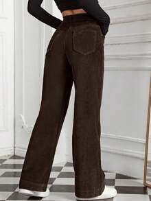 High Waisted Brown Corduroy Wide Leg Pants - Soft Corduroy With Wide Leg Silhouette - 咖啡棕 - 查看 2