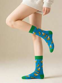 1双女士欧美时尚INS香蕉图案卡通可爱情侣中筒袜，适合日常通勤 - 彩色 - 查看 1