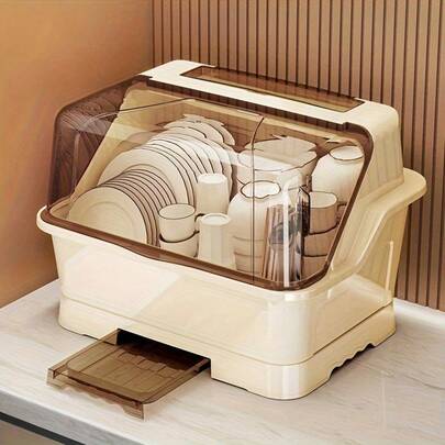 2025 Upgraded Covered Tableware Storage Rack – Space-Saving Countertop & Cabinet Organizer | Fresh Cream-Colored Tableware Storage Box With Drain Tray | Dust-Proof Design For Easy Installation Ideal Gift For Thanksgiving & Christmas