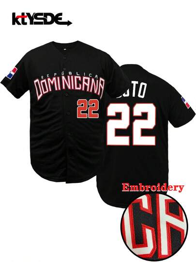KTYSDE 男士棒球衫 #22 经典黑色，饰有多米尼加字母刺绣，宽松短袖纽扣运动上衣，适合街头嘻哈、棒球、高尔夫春季训练。