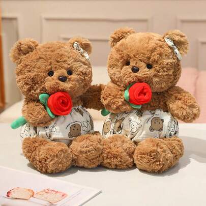 30厘米/11.81英寸玫瑰熊毛绒玩具，柔软蓬松的填充动物，适合家居装饰、汽车内饰装饰、婚礼季、儿童生日礼物、母亲节礼物。