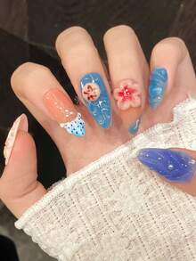 10 pièces d'autocollants d'ongles en forme d'amande sculptés à la main dans un style océanique de méduses 3D, décalcomanies d'ongles artisanales dans un style Y2K, convenant pour les fêtes, le port quotidien, la Saint-Valentin, la Fête des Mères. Faux ongles à presser - Bleu azur - Voir 4