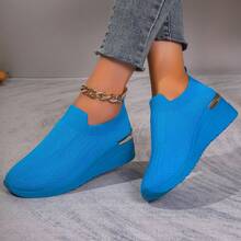 女士新款个性化厚底针织鞋，纯色轻便透气休闲运动鞋，欧美简约圆头弹力套脚防滑增高休闲步行旅行度假平底鞋，橙色，四季皆宜，坡跟步行鞋 - 藍色 - 查看 2