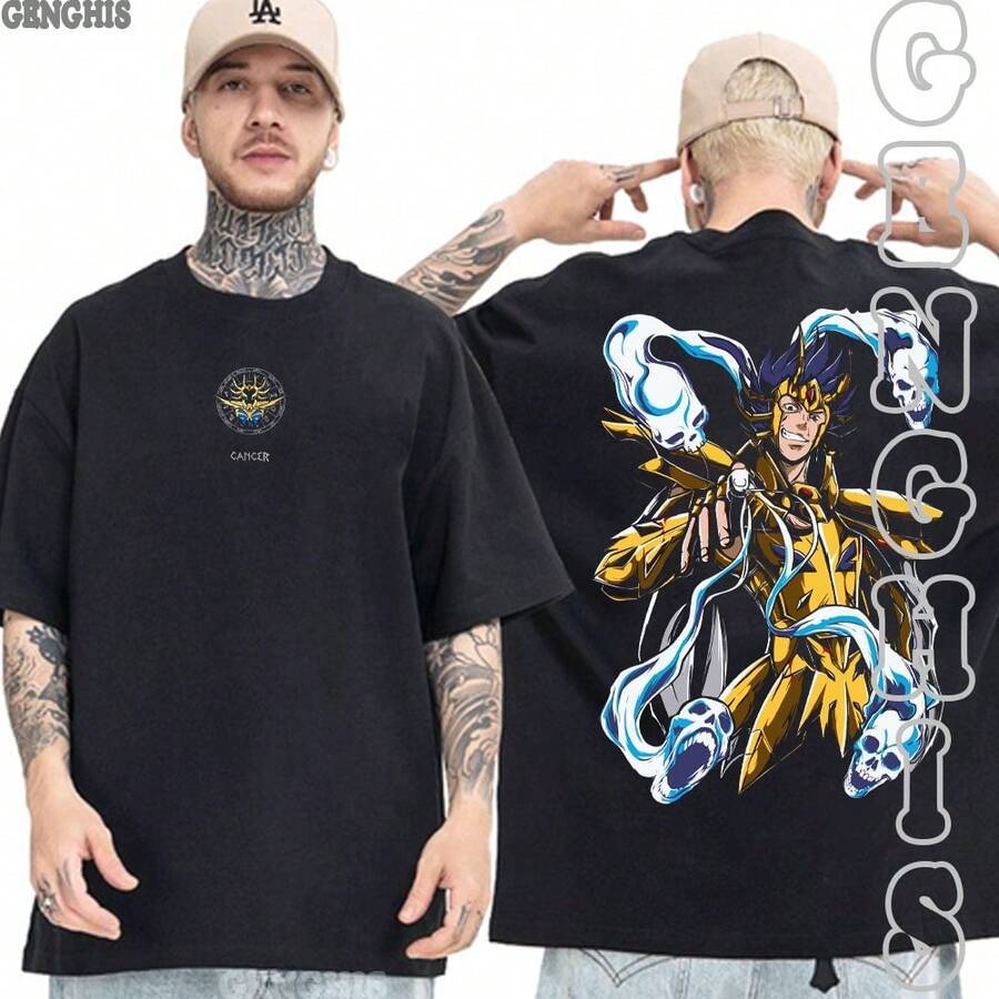 Manigold Cancer Gold Saint Of The Zodiac T-Shirt, Basic And Oversized Unisex Cotton Shirt - Preto Oversized - View 1