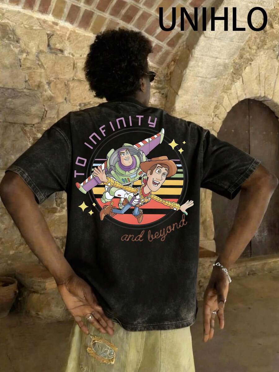 Disney UNIHLO  Super Athlete  Printed Summer Heavyweight Retro Washed Street Fashion Casual T-Shirt - 黑色 - 查看 1