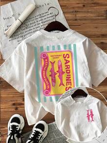 2026春夏新款“可持续捕捞沙丁鱼”复古休闲沙丁鱼图案女式短袖T恤，适合日常休闲穿着，白色 - 白色 - 查看 1