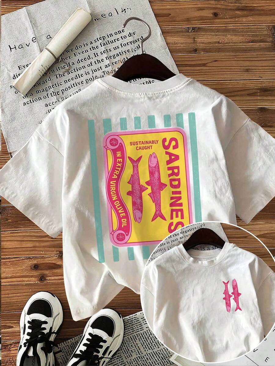 2026春夏新款“可持续捕捞沙丁鱼”复古休闲沙丁鱼图案女式短袖T恤，适合日常休闲穿着，白色 - 白色 - 查看 1