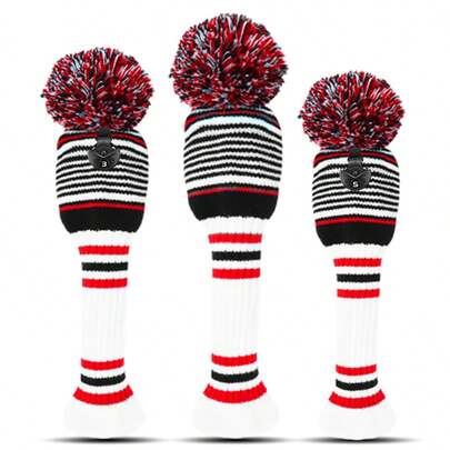  FINGER TEN Pom Golf Head Covers 1 Pack For Driver Fairway Hybrid, Stylish Colors Options Pom Stripes Pattern With Long Neck Design & Interchangeable Number Tag For Easy To Identify