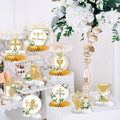 9pcs Paper Honeycomb Centerpieces, Christening Party Decor, First Communion Table Decor, Christening Dining Table Centerpiece, Baby Shower Birthday Party Decoration, Party Dining Table Center Piece