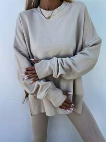 Women's 2 Piece Loungewear Set, Oversized Pullover And High Stretch Leggings, Versatile Spring Outfit For Home, Travel And Casual Outings - Màu be - Xem 3