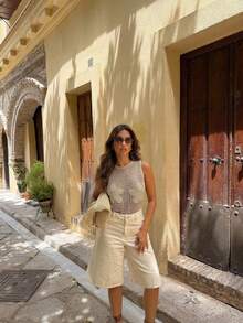 Women's Crocheted Knit Top, Sleeveless Round Neck With Unique Cutout Details, Medium Stretch Regular Fit Tank Top - Khaki - View 5