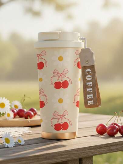 1pc/18oz Sakura & Floral Print Insulated Travel Mug With Strap, 24hr Cold/12hr Hot Vacuum Sealed Coffee Cup, Leak-Proof Reusable Water Bottle For School, Office, Picnic, Aesthetic Gift For Women