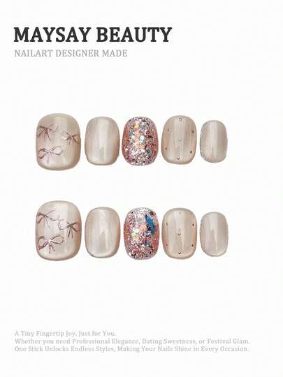 10pcs Short Oval Fake Nails With Soft Pink Gradient Translucent Base, 3D Pink Flower (Pearl Accent) & Golden Line Texture Design Sweet Dreamy Style 100% Handmade Press On Acrylic Nails Reusable Nail Supplies Including 1pc Jelly Glue,1pc Stick And 1pc Nail File For Women's Daily Or Party Wear