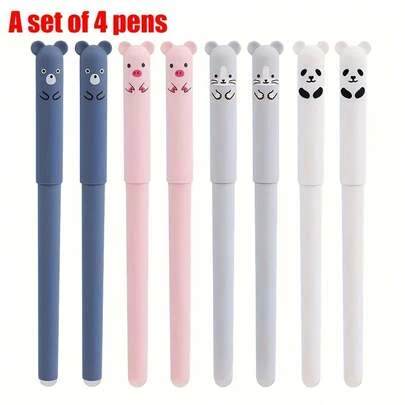 Four-Pack Of Pig, Panda, And Mouse Erasable Gel Pens, Washable Pen, Office Supplies, Stationery Gifts, Blue And Black Dual-Color