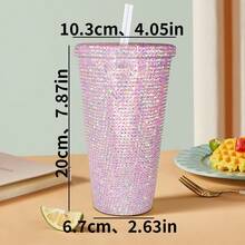 1pc 650ml Handmade Diamond Cup, Double Layer PS Plastic Straw Cup, Large Capacity 650ml Gemstone Diamond Cup, Handheld Cup, Portable Pearl Cup [5 Styles Available] - Multicolor - View 34