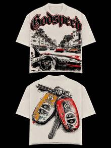 Double-Sided Printing (220 Cotton T-Shirt) Men's Y2K Tee - American Street Style! Racing-Themedvintage F1 Race Car &Race Track Scene T-Shirt Design,Vintage Racing Apparel,American Hardcore Style, Short Sleeves Graphic Tee,Camisetas Para Hombre,Black Graphic Tee,Suitable For Young Men To Wear Casually. - 白色 - 查看 2