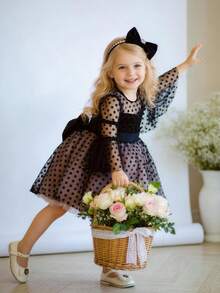 Young Girl Black Bow Polka Dot Mesh Elegant Party Dress, Princess Dress Suitable For Girls' Birthday Party, Banquet, Prom, Wedding Flower Girl, Holiday Celebration - Black - View 1