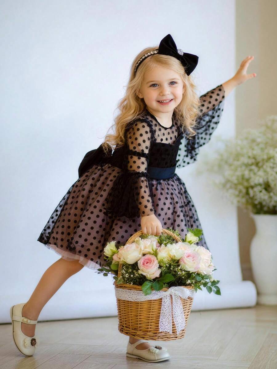 Young Girl Black Bow Polka Dot Mesh Elegant Party Dress, Princess Dress Suitable For Girls' Birthday Party, Banquet, Prom, Wedding Flower Girl, Holiday Celebration - Black - View 1