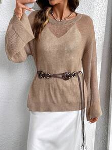 Solid Color Casual Women Round Neck Sheer Loose Long Sleeve Pullover Sweater - Khaki - View 2
