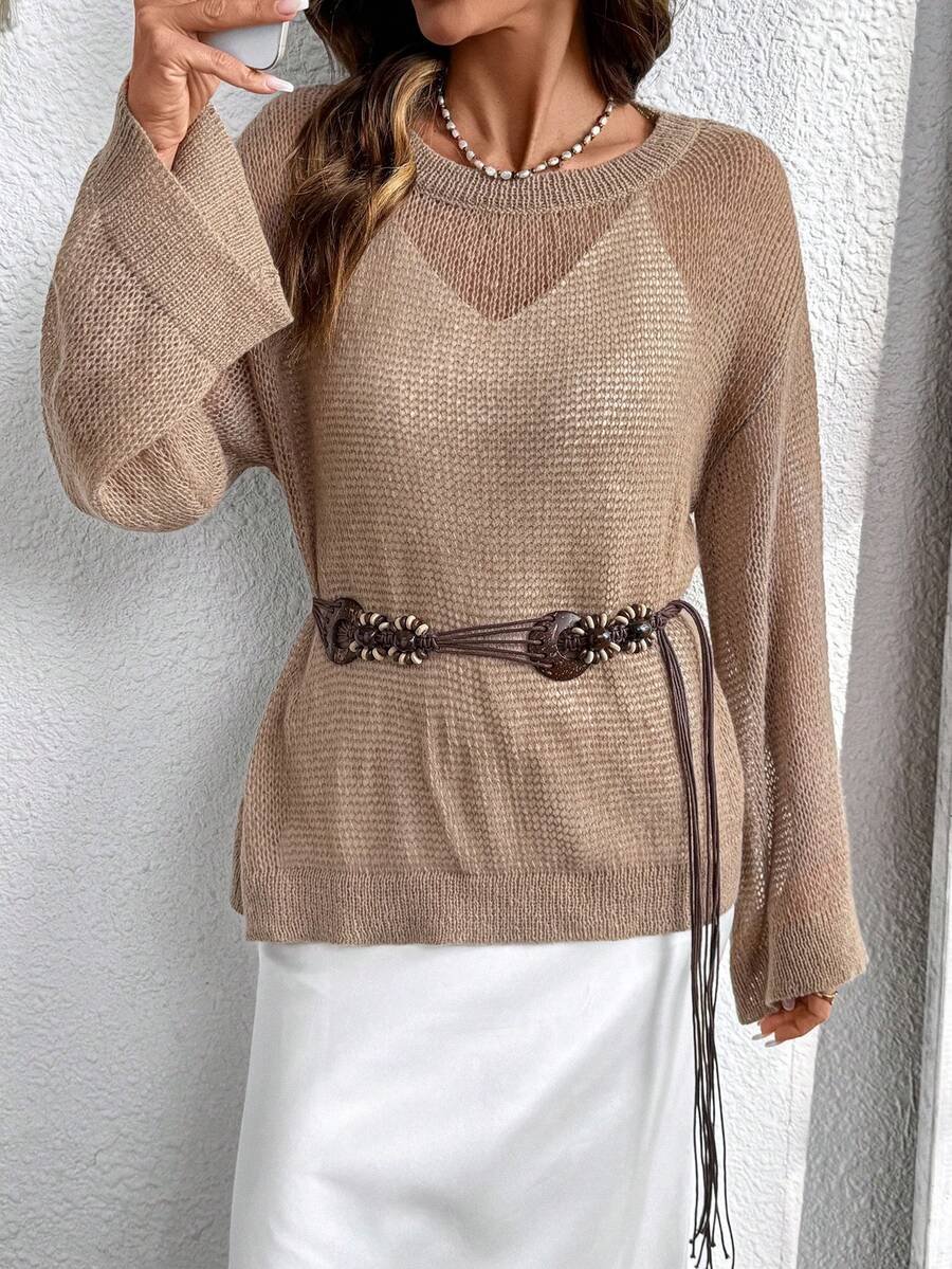Solid Color Casual Women Round Neck Sheer Loose Long Sleeve Pullover Sweater - Khaki - View 1