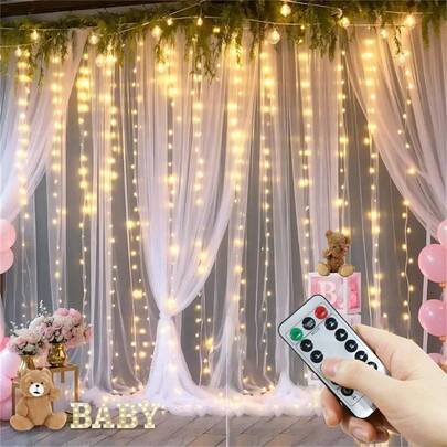 أضواء الستائر الخيالية بإضاءة LED تعمل بالكابل USB، أضواء سلسلة للنوافذ بريموت كنترول، مناسبة للاستخدام الداخلي والخارجي في الحفلات والغرف وديكور أعياد الأم والأب