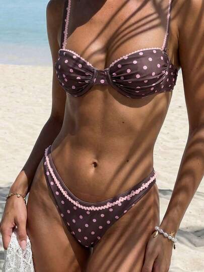 2pcs/Set Women's Floral Lace Trim & Polka Dot Print Backless Bikini Swimsuit, Cute & Elegant For Valentine's Day, Summer Beach Vacation