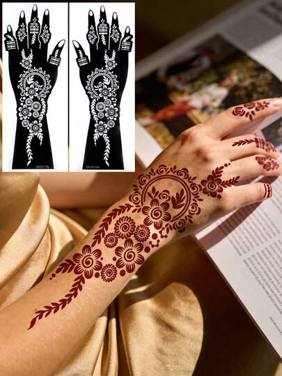 2 Pcs Exotic Floral Totem Mehndi Tattoo Stencils, Covering From The Back Of The Hand To The Forearm, Featuring Layered Flowers And Circular Patterns For A Retro Luxurious Style, Ideal For Henna Art, Parties And Exotic Looks, Easy To Apply Without Skills