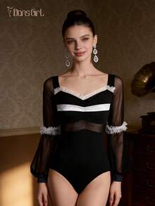 DonsGirl 1 Piece Women's Elegant Ballet Leotard Stretch Mesh& Velvet Patchwork Design Bodysuit For Dance Costume Stage Performance Daily Wear - Black - View 10