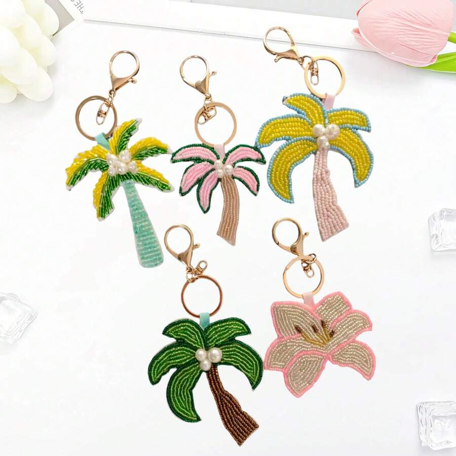 New Handmade Beaded Starfish & Coconut Tree Keychain Pendant, Bag Charm, Unisex, Durable - Perfect Gift For Travel And Daily Wear