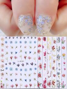 Bộ 8 miếng dán móng tay họa tiết hoa mùa xuân và mùa hè, họa tiết hoa nở trang nhã với viền vàng, phụ kiện trang trí móng tay tự dính, phong cách Nhật Bản. - Nhiều màu - Xem 3