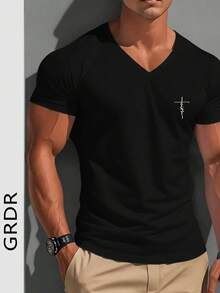 GRDR 男士 V 领短袖衬衫，适合夏季户外休闲穿着 - 黑色 - 查看 6