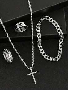 4件套男士时尚简约首饰套装，黑色十字架吊坠项链、手链和2枚戒指 - 彩色 - 查看 7