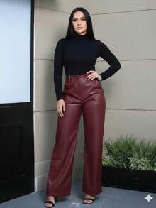 Women's Leather High-Waisted Wide Leg Pants, Plain, Elegant, Casual, Modern, For Work And Evening Looks, Winter, São João 2026 - 紅木色 - 查看 5