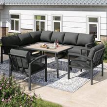 Garden Set, Furniture For 8 People, Rope Frame, Large Wood-Look Table, Galvanized Iron Frame, Adjustable Feet, Seat And Back Cushions Included, Grey - Dark Grey - View 5