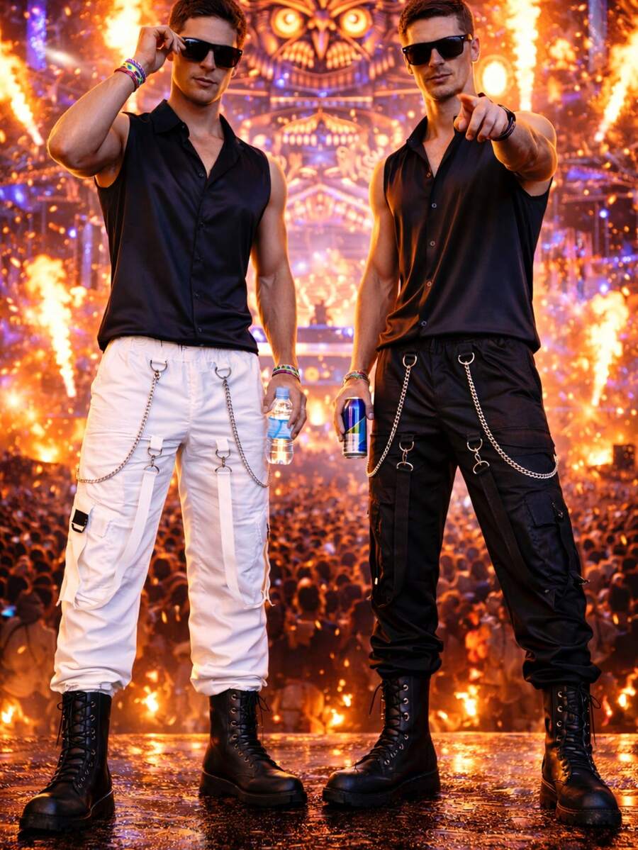 Street Cargo Pants With Chains And Quick-Release Buckle/International Festival Show Look/Men's Joggers/Costume Party Outfit/Carnival/Street Party/Lollapalooza/The Town/Rock In Rio/LGBT Pride Parade/Hip Hop/Unisex - 白色 - 查看 1