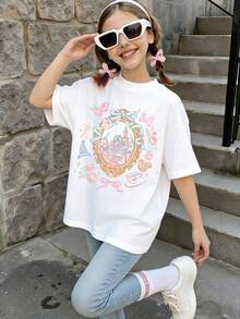 Disney Summer Tops, Castle Graphic Tee, Perfect For Cute Girls. Teen Girl Gift,Comfortable And Breathable Children's Short-Sleeved T-Shirt. 180g Pure Cotton Children's Clothes,Suitable For Both Boys And Girls.Suitable For Daily Wear, Vacations, Outdoor Activities, And As A Children's Gift. - 白色 - 查看 2