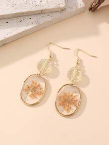 1 Pair Personalized Fashion Dried Flower Resin Effect Oval Pendant Matching Round Glass Flower Earrings, Suitable For Vacation, Party And Daily Wear, Natural Dried Flower May Have Slight Differences From The Picture - Orange - View 1