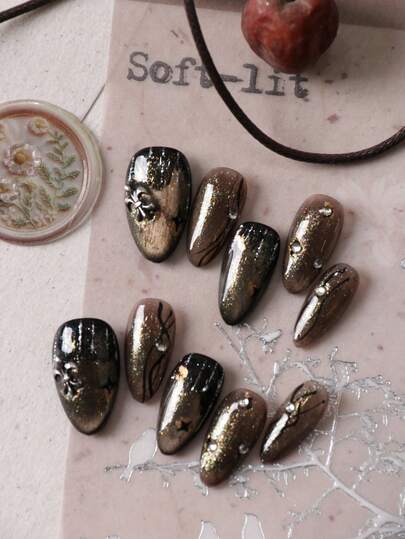 10pcs Press On Nails Nails Press On Nail Supplies Golden Black Star Almond Short Nails Fake Nails Artificial Nails Kit Includes 1sheet Adhesive Tabs &1 Pc Mini File