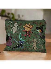 Enchanted Forest Night Cosmetic Bag - Halloween Gift - Dark Green Bag With Whimsical Witch, Cat And Moon Design, Zipper Pouch To Hold Makeup, Pencils Or Snacks - Perfect Gift For Sisters, Students And Adults, Multipurpose Pouch | Celestial Art | Durable Zipper Closure, Large Makeup Bag Make Up Bag - 綠色 - 查看 3