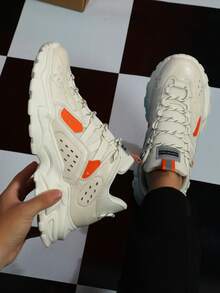 Men's Breathable Mesh Sneakers White Orange Chunky Sole Sport Shoes Lightweight Comfortable Outdoor Walking Shoes Great Gift For Men - 米色 - 查看 5