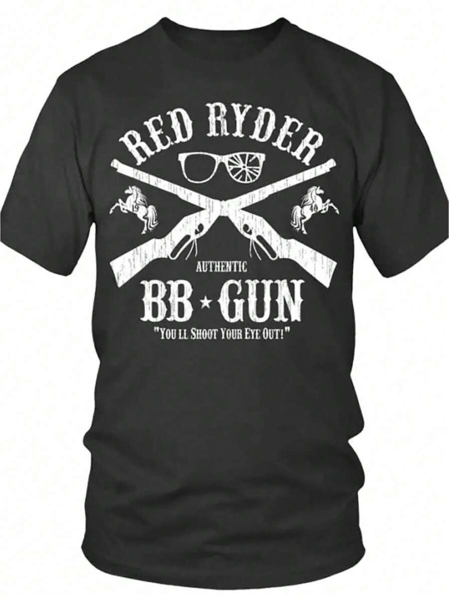 Camiseta de moda para hombre con estampado gráfico RED RYDER de Merry Christmas, de algodón puro, con mangas cortas, cuello redondo cómodo, súper suave, refrescante, que absorbe la humedad, ligera, informal para el verano, perfecta para el uso diario. - Negro - Ver 1